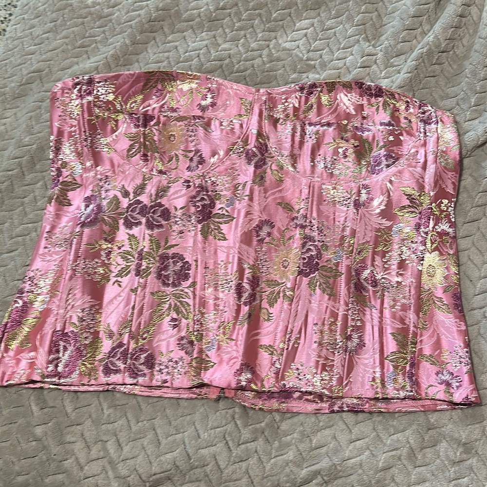 Plus pink floral print satin corset size 22 uk USA 18